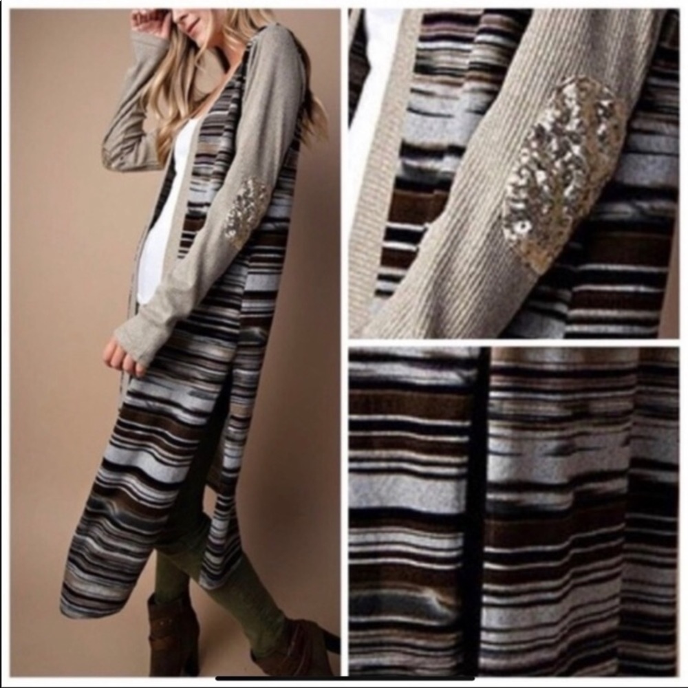 🌻 Kori NWT szS SequinElbow Stripe Belt Cardigan🌻 - Picture 2 of 6